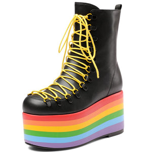 Women Leather Rainbow High Platform Ankle Boots