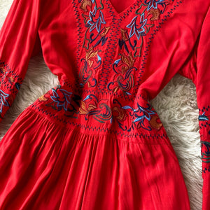 Women Boho Embroidery V-Neck Puff Sleeve Dress