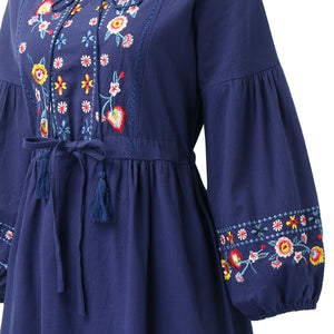 Women Embroidered Floral Boho Drawstring Vintage Dress