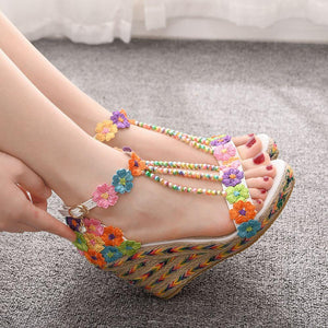 Women Handmade Floral Wedge Open Toe Sandals