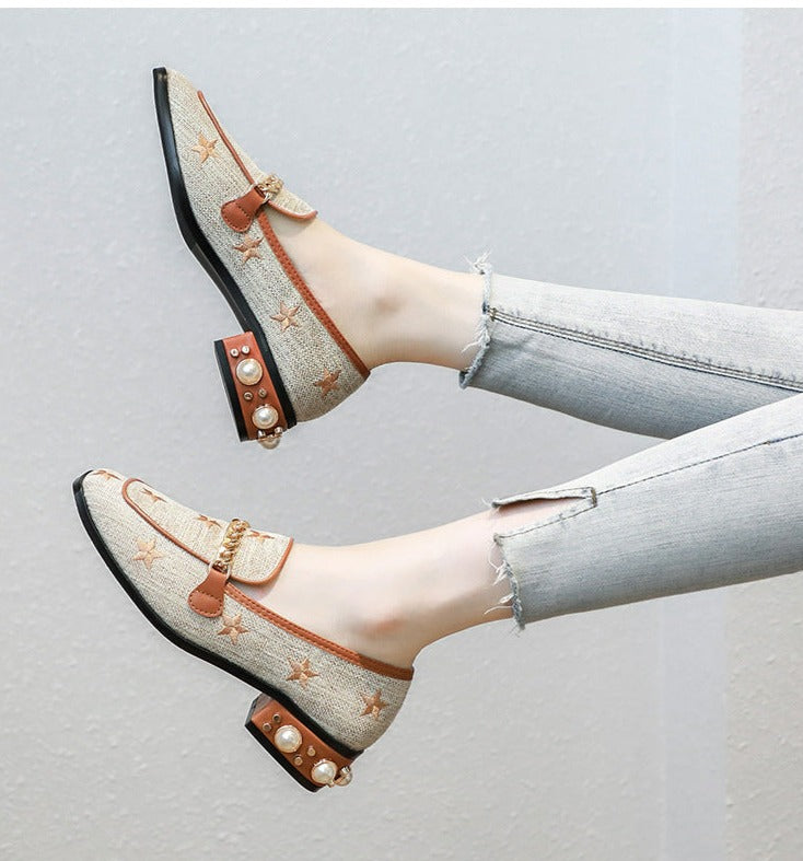 Women Embroidery Pearl Flax Chain High Heel Shoes