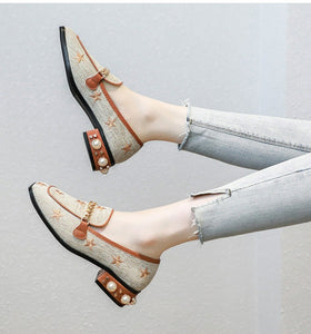 Women Embroidery Pearl Flax Chain High Heel Shoes