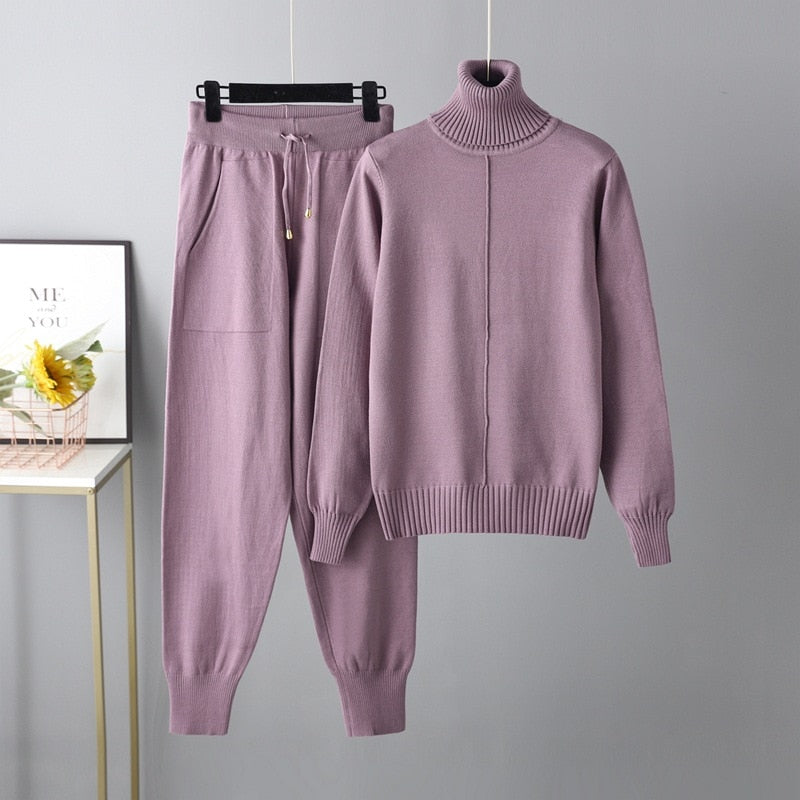 Women Knitted Tracksuit Turtleneck Sweater Carrot Jogging Pant 2 Pcs Set