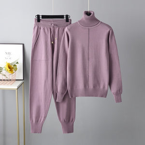 Women Knitted Tracksuit Turtleneck Sweater Carrot Jogging Pant 2 Pcs Set