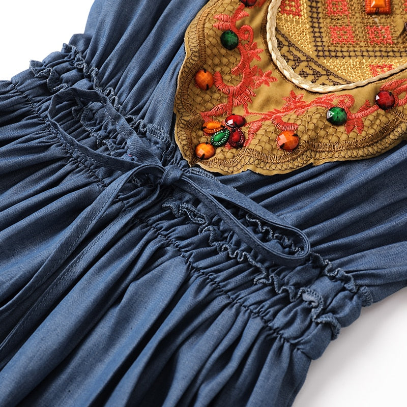 Women Embroidery A-line Denim Elastic Waist Vestidos Dress