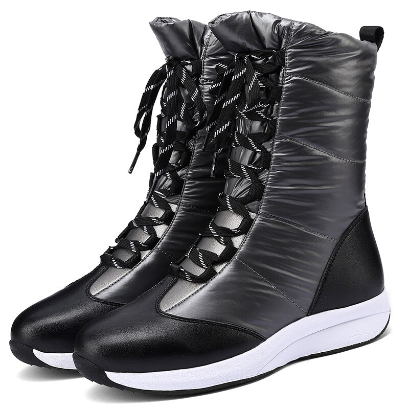 Women Down Patchwork Round Toe Cross Tie Ankle Snow Boots