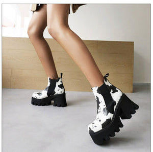 Women Cow Pattern Platform Chelsea Elastic Band Boots