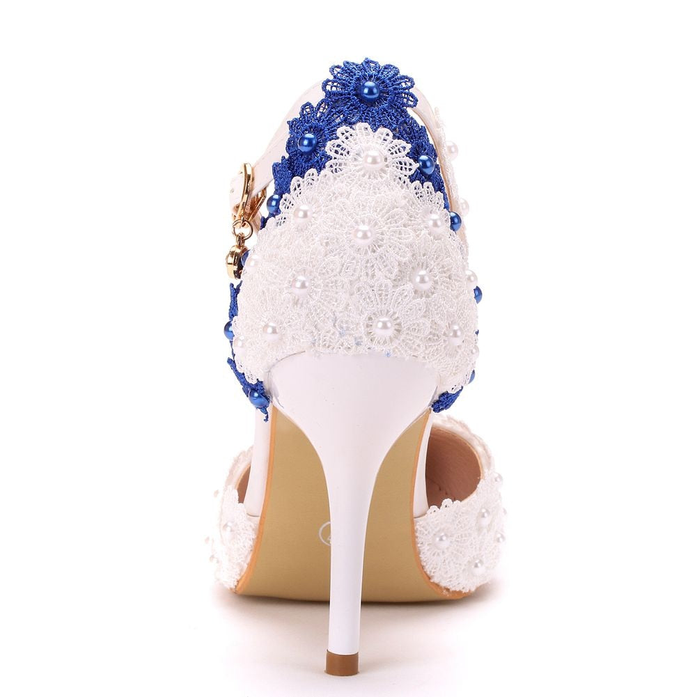 Women Handmade Lace Pointed Toe Flower Pearls Pumps Wedding Shoes