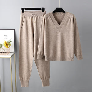 Two Piece Women Knit Sport Suits V Neck Women Sweater Drawstring Harem Pants Jogging Pants Pullover Sweater Set Knitted Outwear