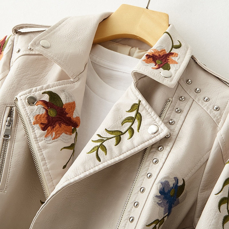 Women Floral Embroidery Soft Leather Retro Jacket