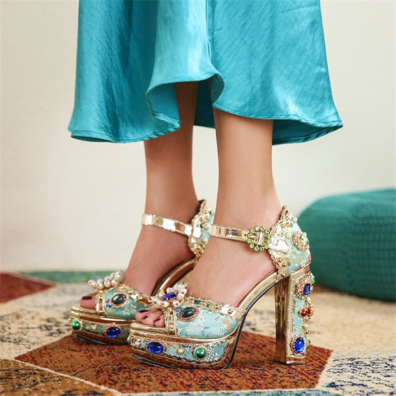 Women Embroidery Lace Rhinestone High Heels Sandals