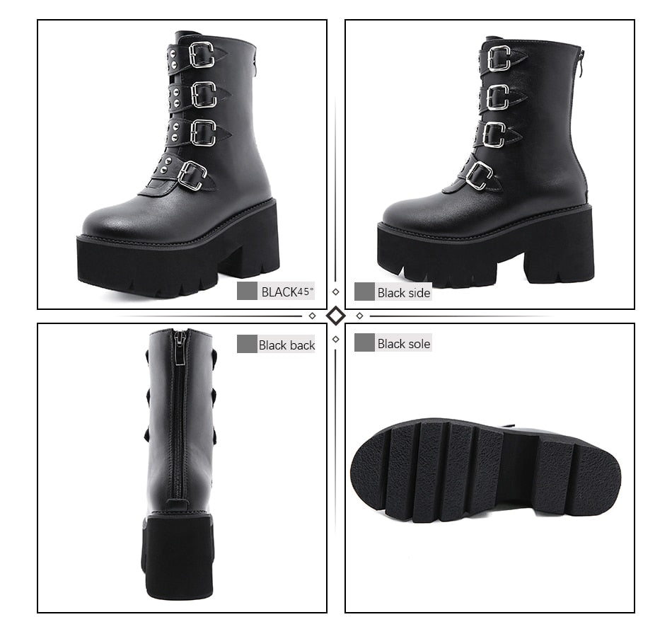 Women Gothic Punk Chunky Heels Combat Motorcycle Boots