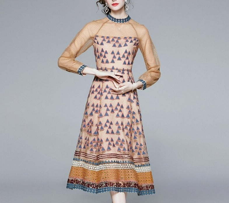 Women Embroidery Mesh Festa Long Elegant Vintage Dress