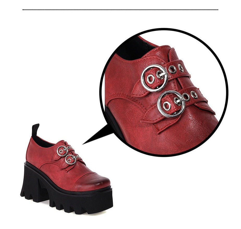 Women Vintage Buckle Block Heel Pumps Goth Shoes
