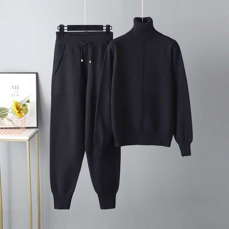 Women Knitted Tracksuit Turtleneck Sweater Carrot Jogging Pant 2 Pcs Set