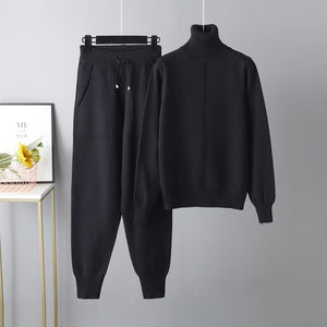 Women Knitted Tracksuit Turtleneck Sweater Carrot Jogging Pant 2 Pcs Set