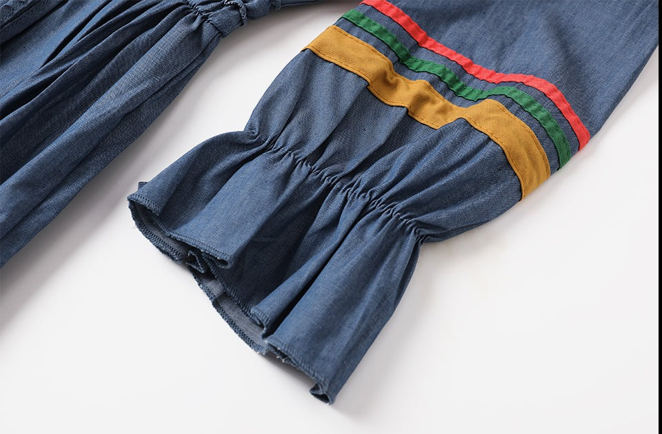 Women Embroidery A-line Denim Elastic Waist Vestidos Dress