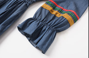Women Embroidery A-line Denim Elastic Waist Vestidos Dress