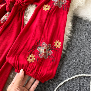 Women Embroidery Boho V-Neck Lantern Sleeve Dress