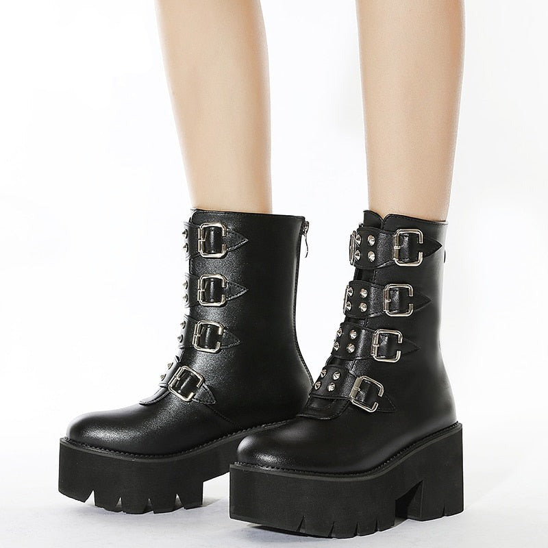 Women Gothic Punk Chunky Heels Combat Motorcycle Boots