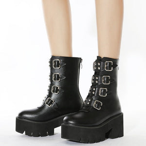 Women Gothic Punk Chunky Heels Combat Motorcycle Boots