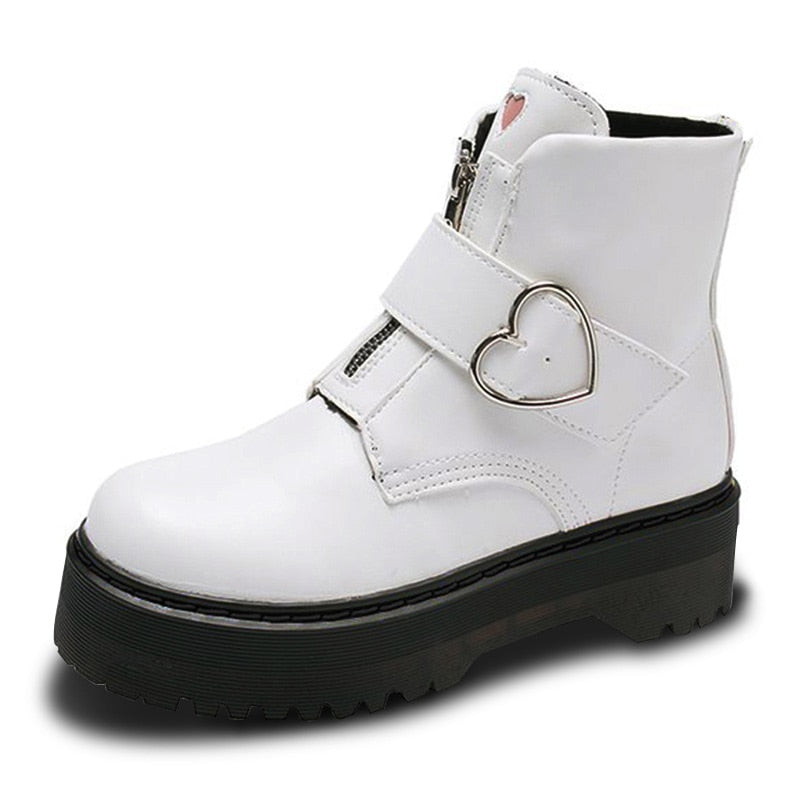 Women Heart Button Buckle Strip Ankle Martin Boots