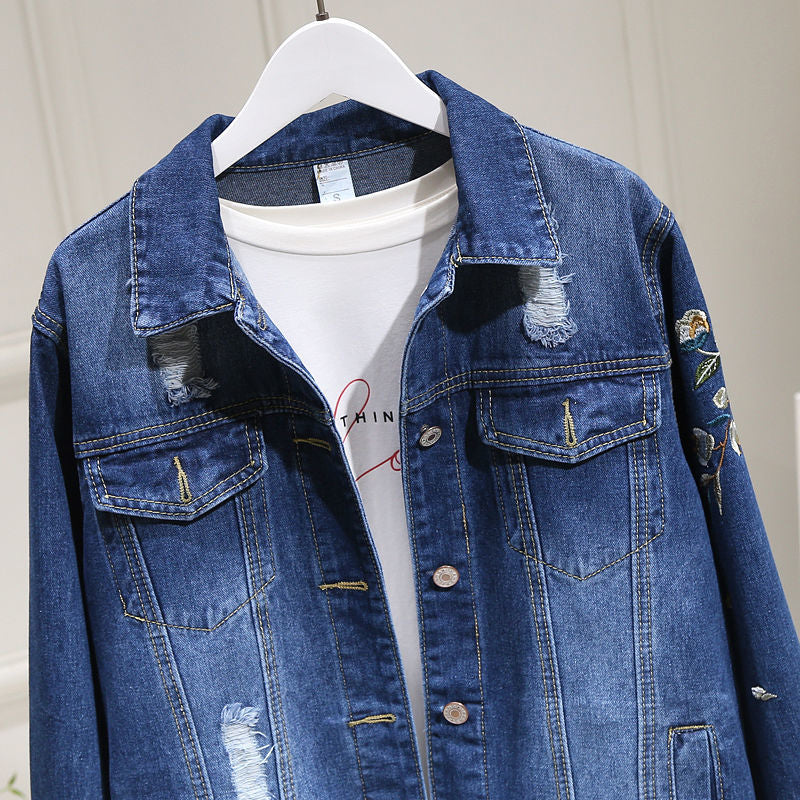 Women Embroidery Floral Vintage Denim Coat