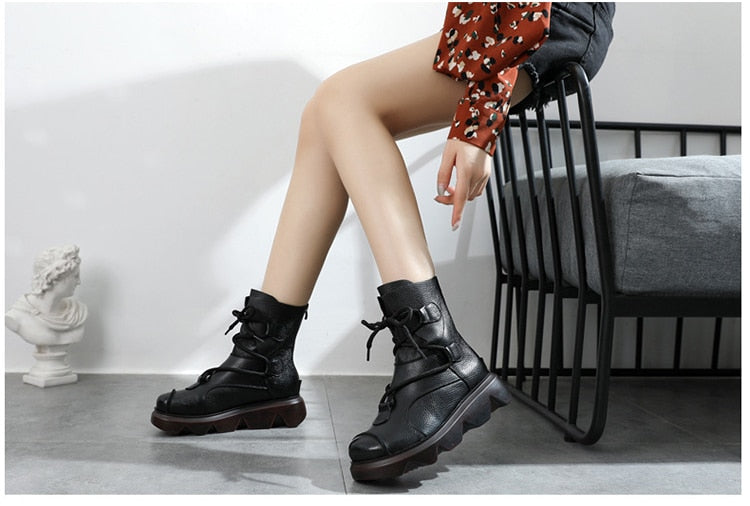 Women Retro Genuine Leather Concise Sewing Ankle Boots