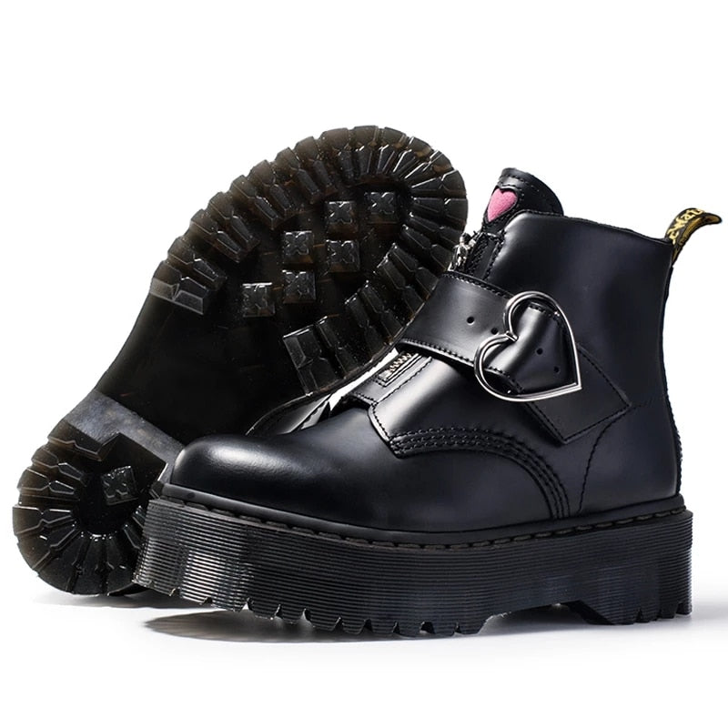 Women Heart Button Buckle Strip Ankle Martin Boots