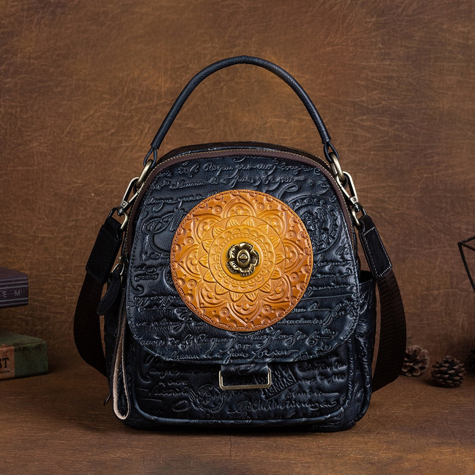Women Floral Retro Cowhide Backpack Embossing Bag