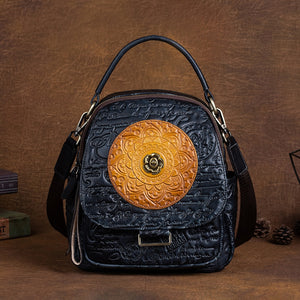 Women Floral Retro Cowhide Backpack Embossing Bag
