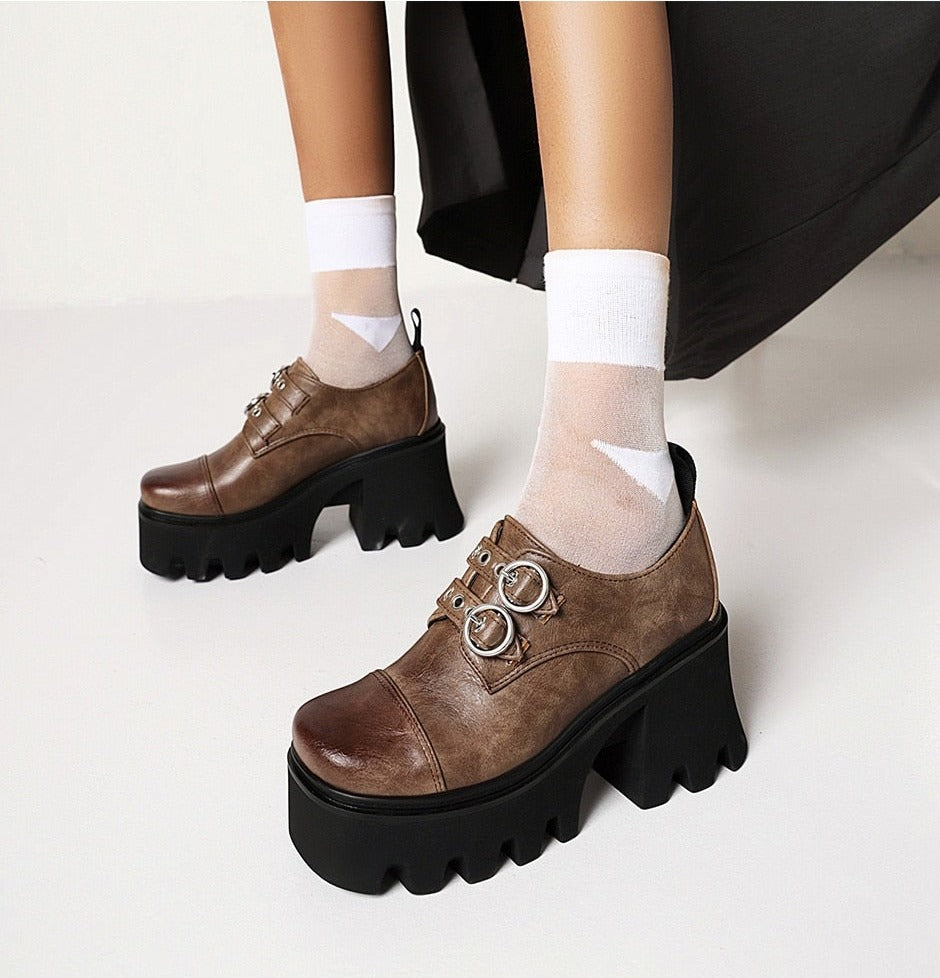Women Vintage Buckle Block Heel Pumps Goth Shoes