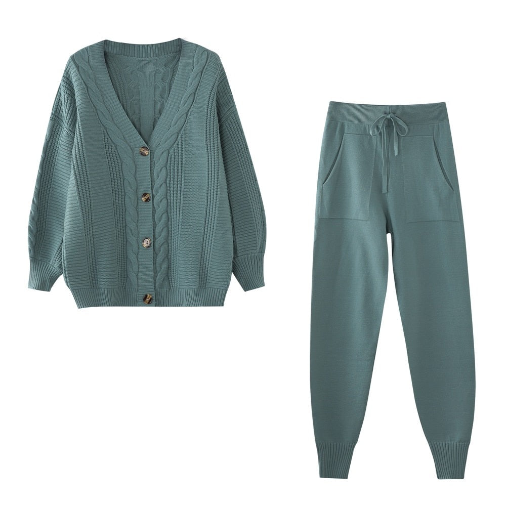 Women V-neck Single Breasted Cardigan Pant Sweater 2 Pcs Set