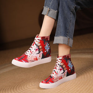 Women Peking Face Round Toe Lace Up Canvas Shoes