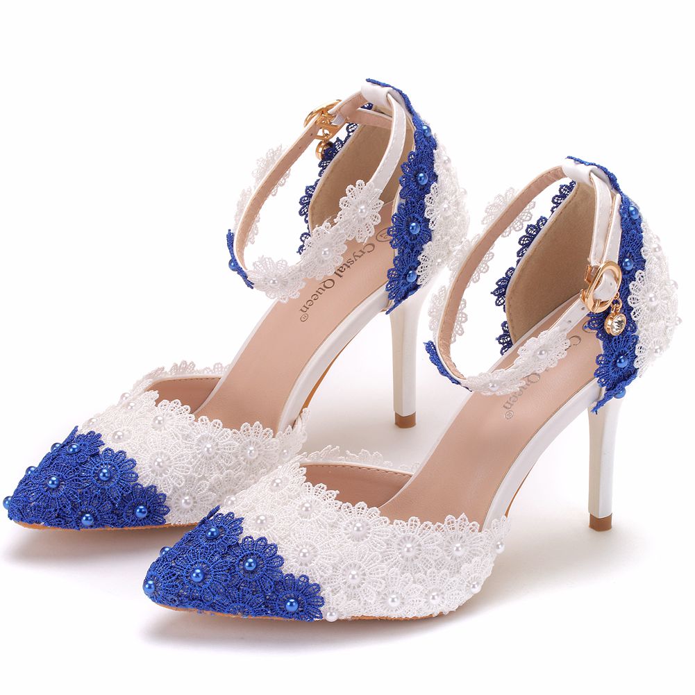 Women Handmade Lace Pointed Toe Flower Pearls Pumps Wedding Shoes