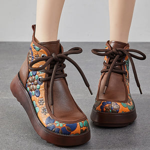 Women Genuine Leather Retro Lace-up Concise Boots