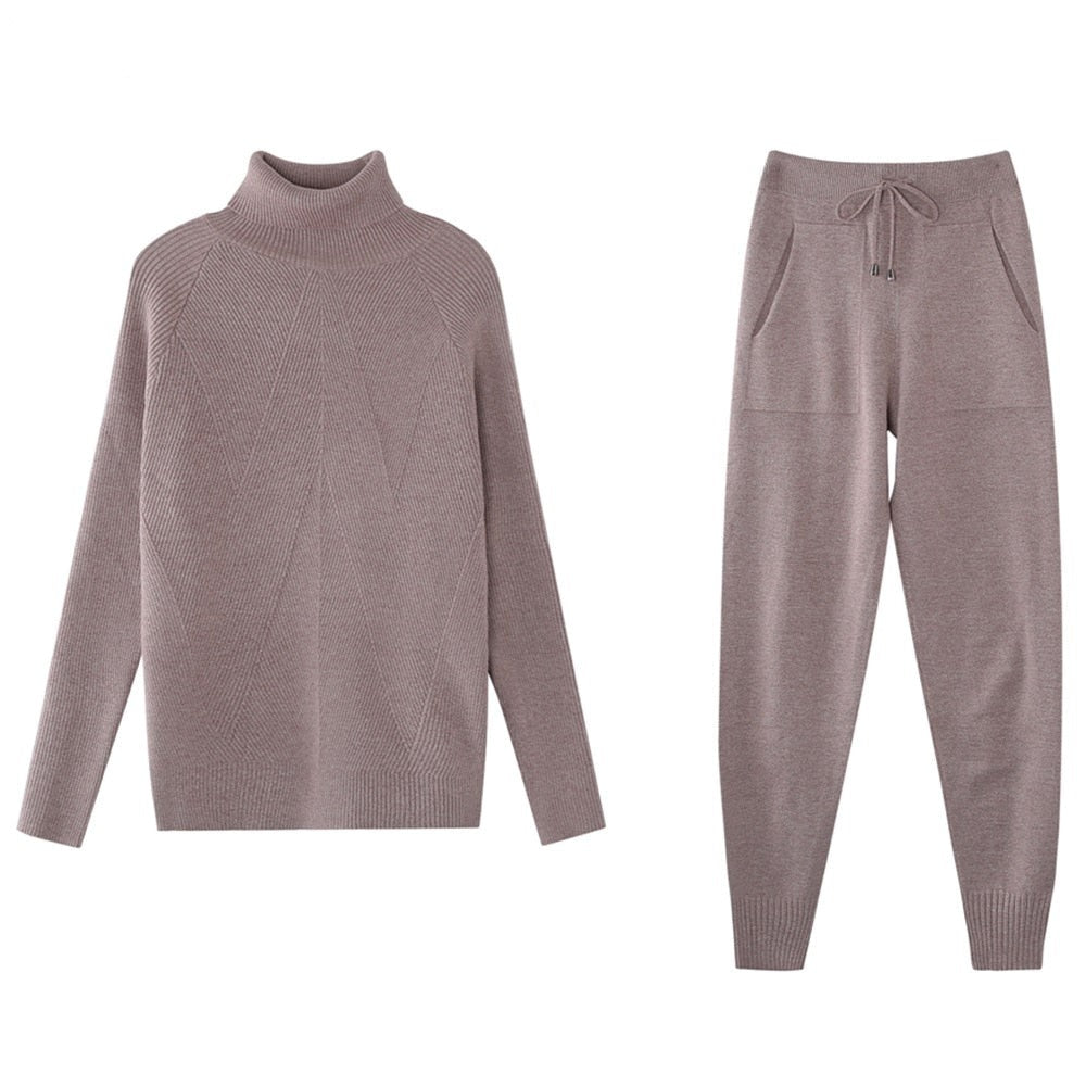Women Striped Turtleneck Sweater Elastic Trouser Suits 2 Piece Set