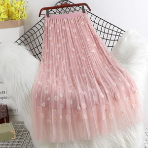 Women Floral Tulle Vintage Mesh Pleated Length Skirt