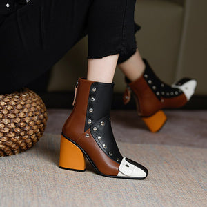 Women Genuine Leather High Heels Block Ankle Boots