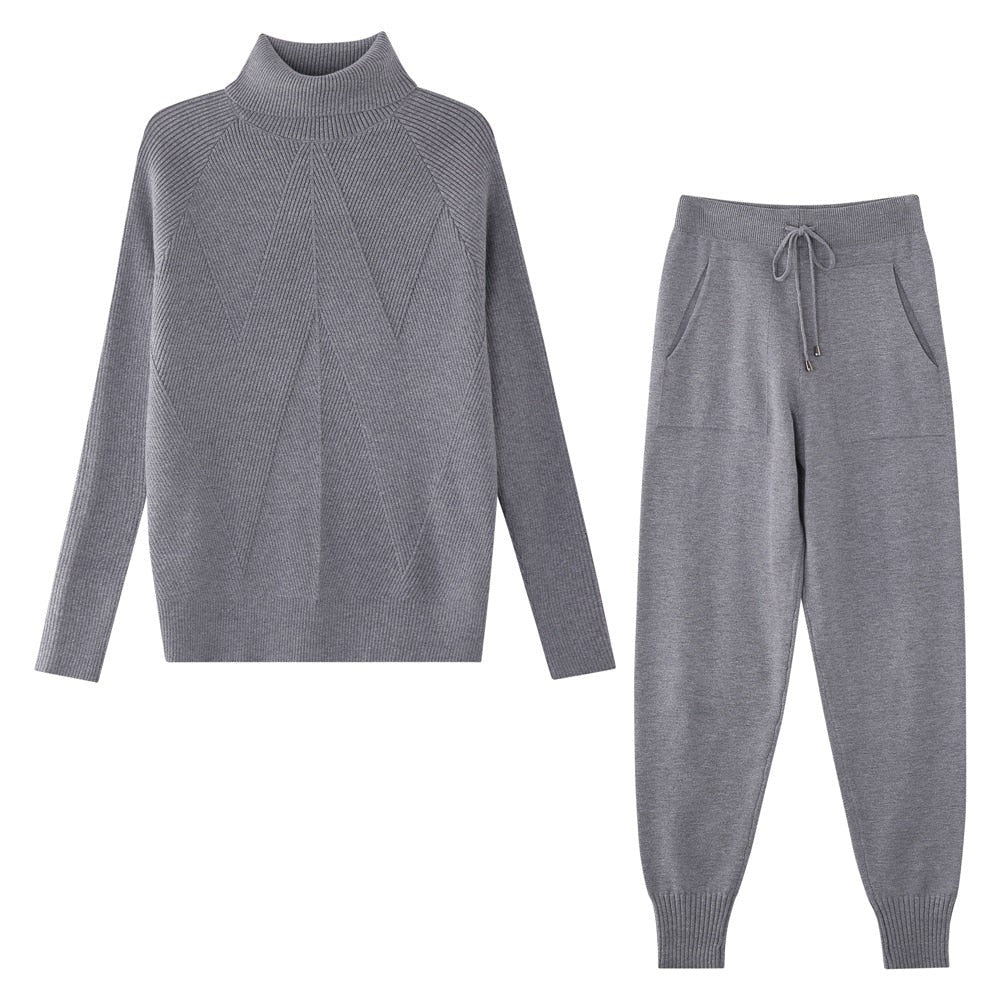 Women Striped Turtleneck Sweater Elastic Trouser Suits 2 Piece Set