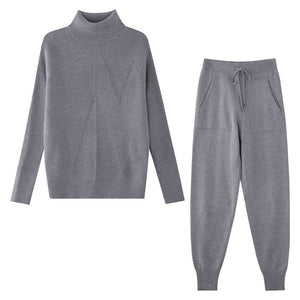 Women Striped Turtleneck Sweater Elastic Trouser Suits 2 Piece Set