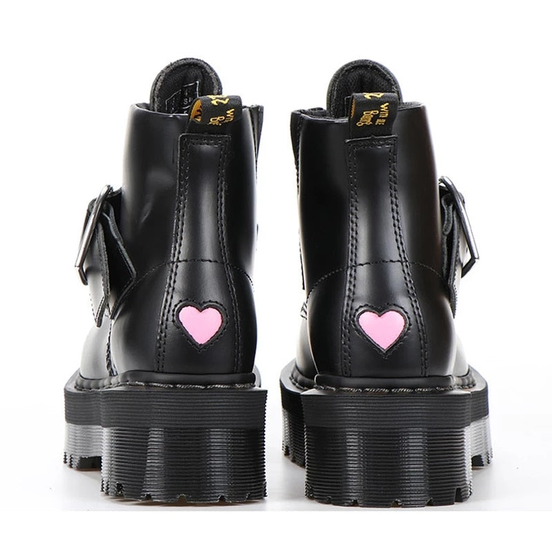 Women Heart Button Buckle Strip Ankle Martin Boots