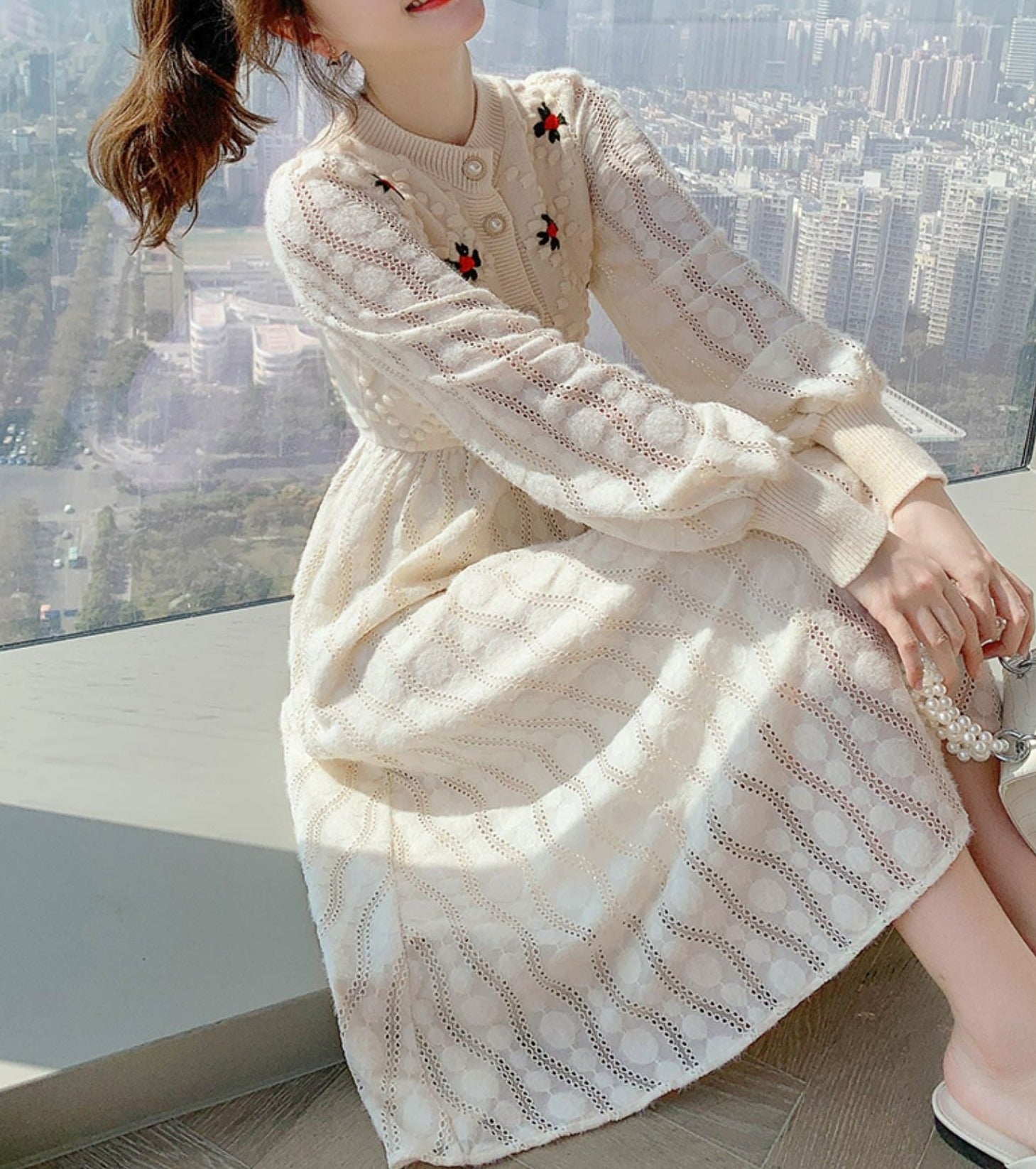Women Embroidery Korea Style Slim Wool Knitting Dress