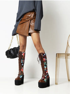 Women Floral Texture Cross Strap Knee-Length Boots