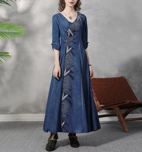 Women Boho Denim Vintage Embroidery Vestido Dress
