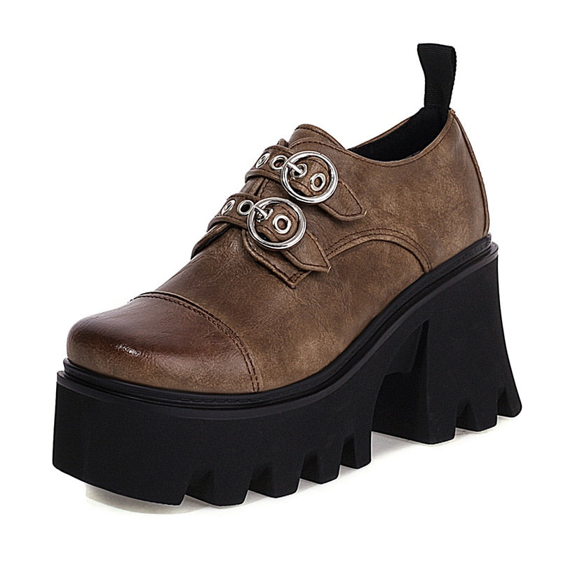 Women Vintage Buckle Block Heel Pumps Goth Shoes