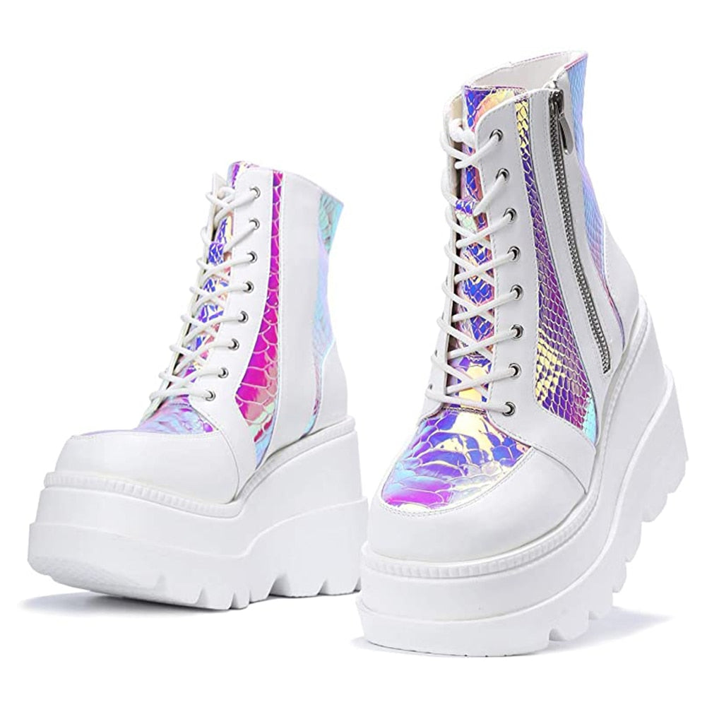 Women Wedges Zip Ankle Colourful Boots