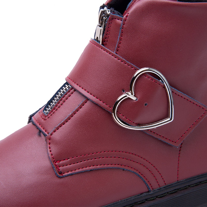 Women Heart Button Buckle Strip Ankle Martin Boots