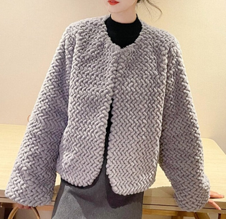 Women Slim Short Faux Fur Fluffy Jacket