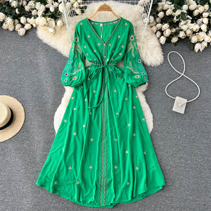 Women Bohemian Embroidery Lace Up Vestidos Dress